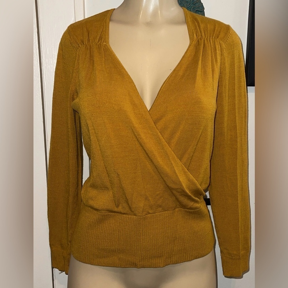 New York & Company Mustard Yellow  Deep V-Neck Wrap Sweater Small